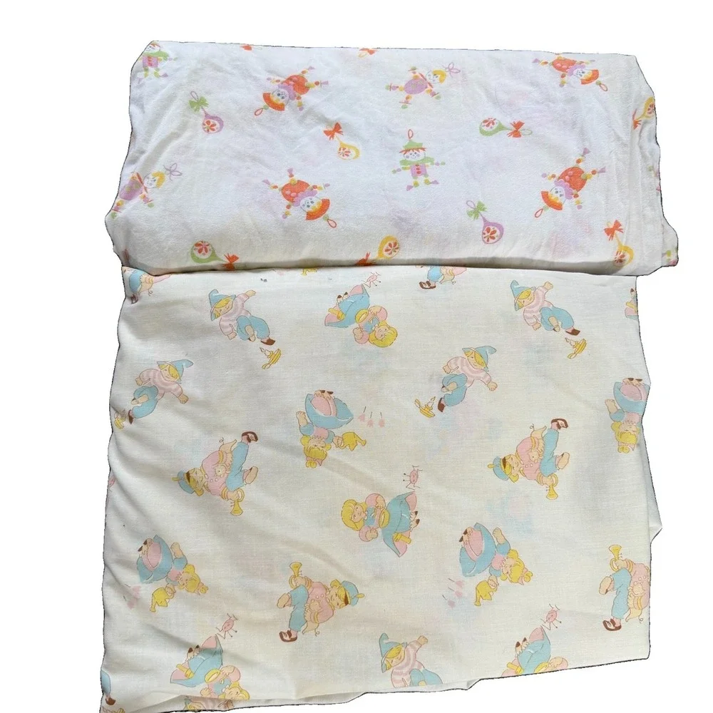 Vintage 60s/70s Crib Sheet Lot of 2 Dolls Robots Nursery Rhymes Baby Retro MCM